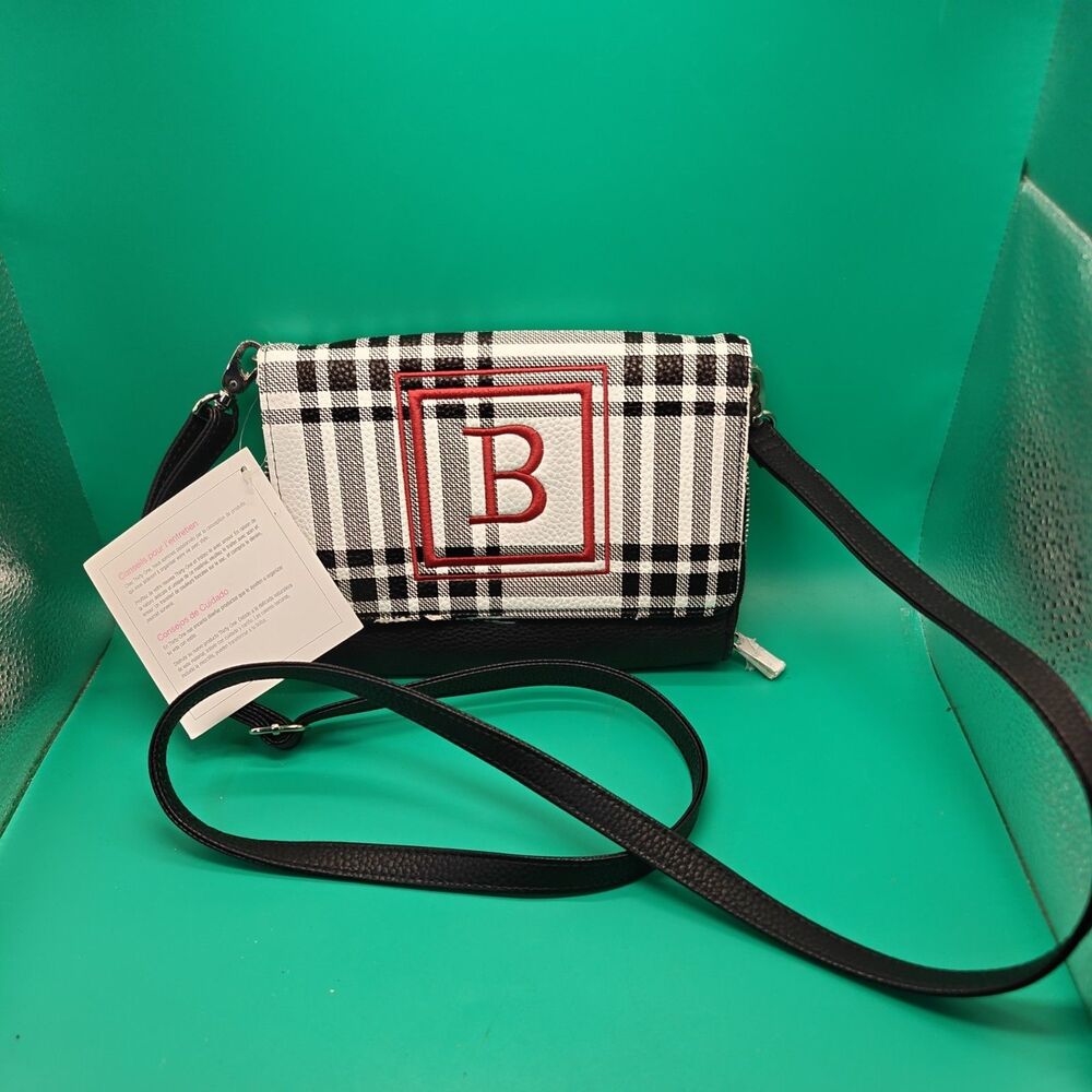 Thirty-One Black White Plaid Crossbody Bag with Embroidered B, Zip Closure